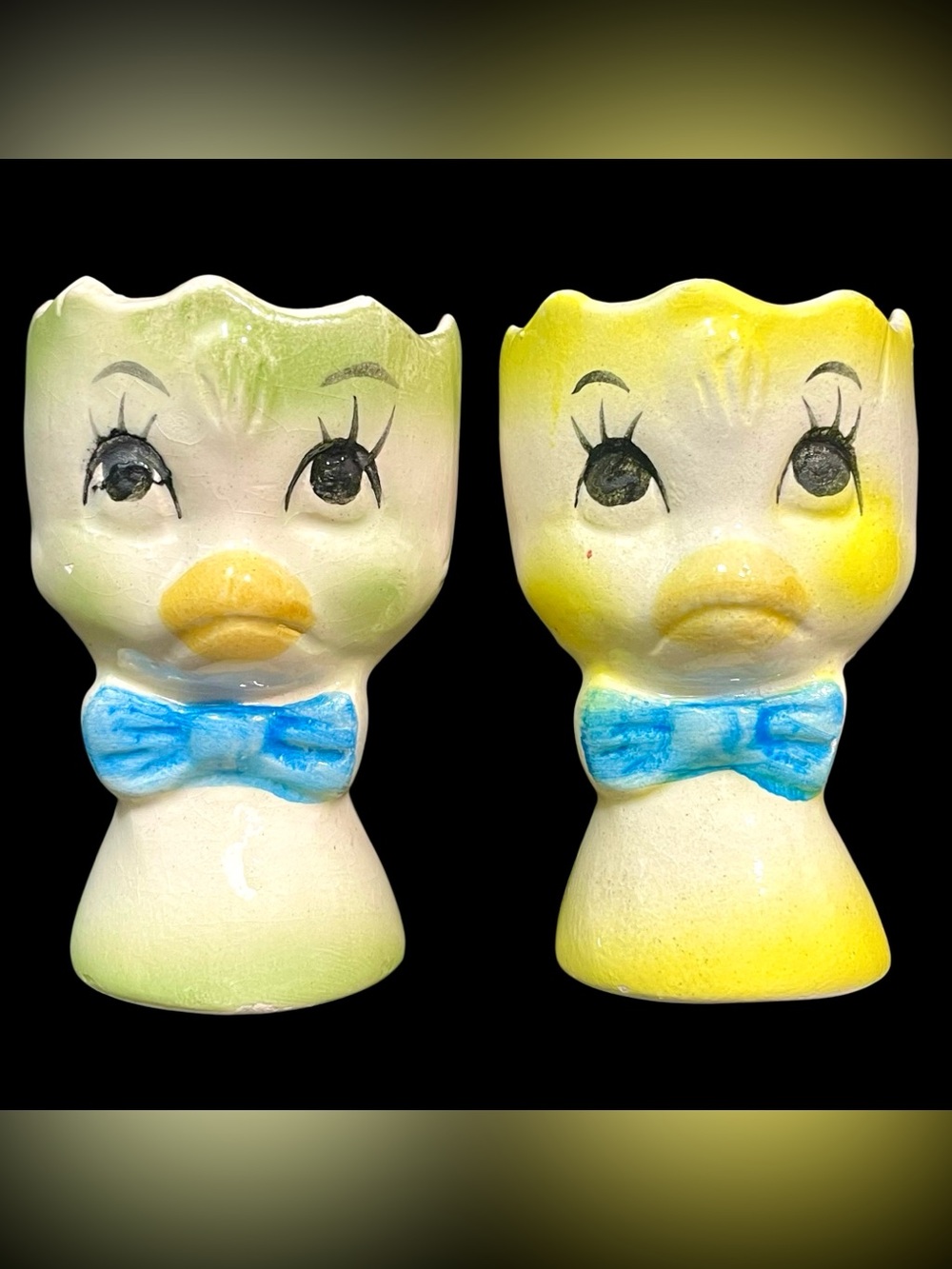 Vintage 1950s Anthropomorphic Chick with Bow Tie Ceramic Egg Cups Japan
